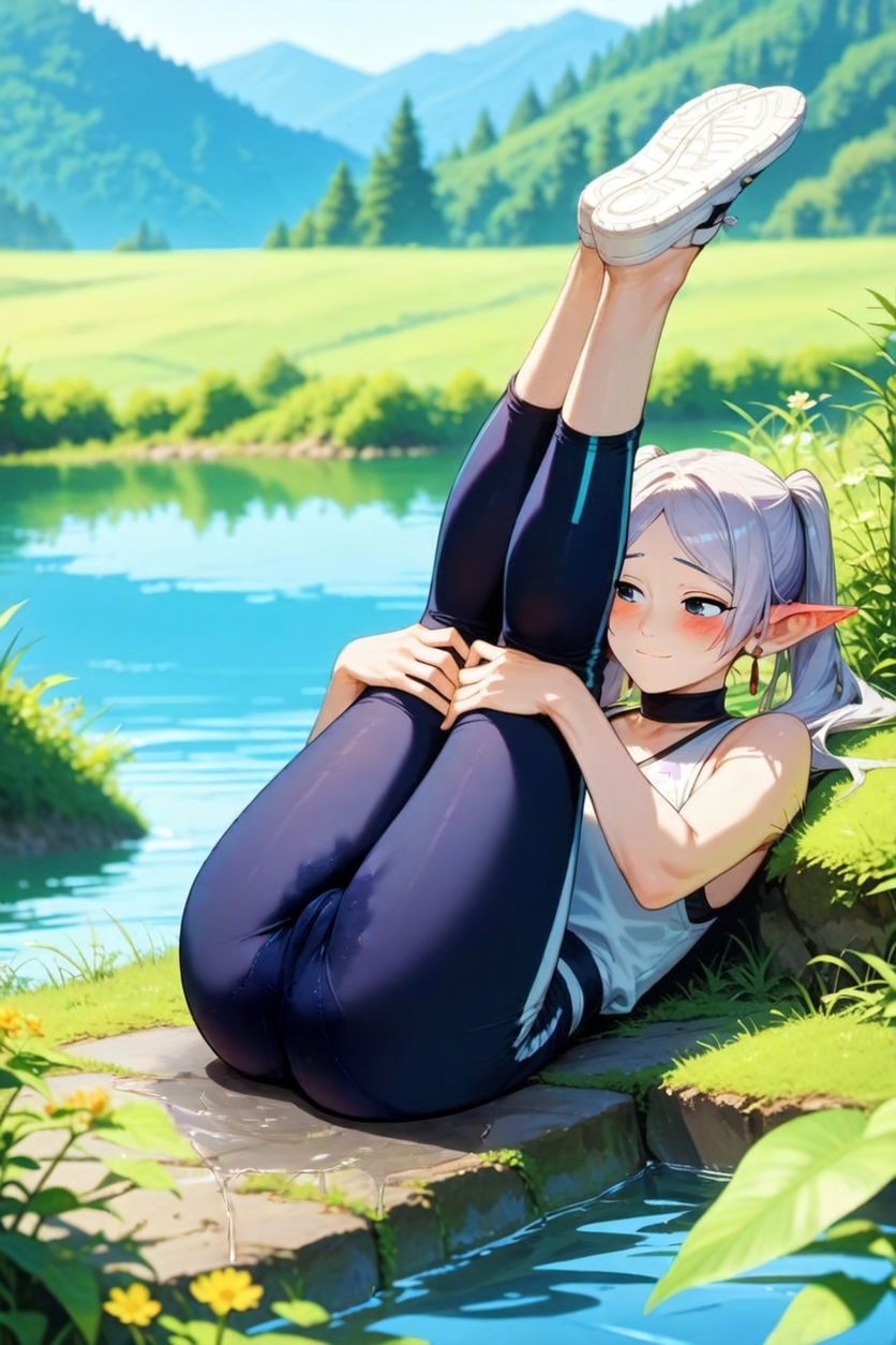 ai_assisted blush cameltoe cookie-girl elf elf_ears excessive_genital_fluids excessive_pussy_juice frieren frieren_beyond_journey's_end holding_legs legs_up looking_away pussy_juice pussy_juice_puddle pussy_juice_through_clothing water white_hair yoga_pants