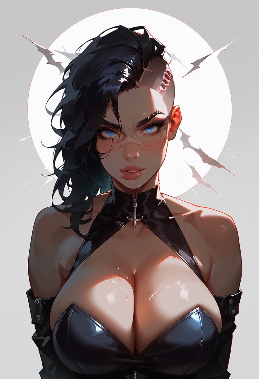 ai_generated black_eyes black_hair breasts female leather_outfit poor_quality poorly_drawn poorly_tagged undercut