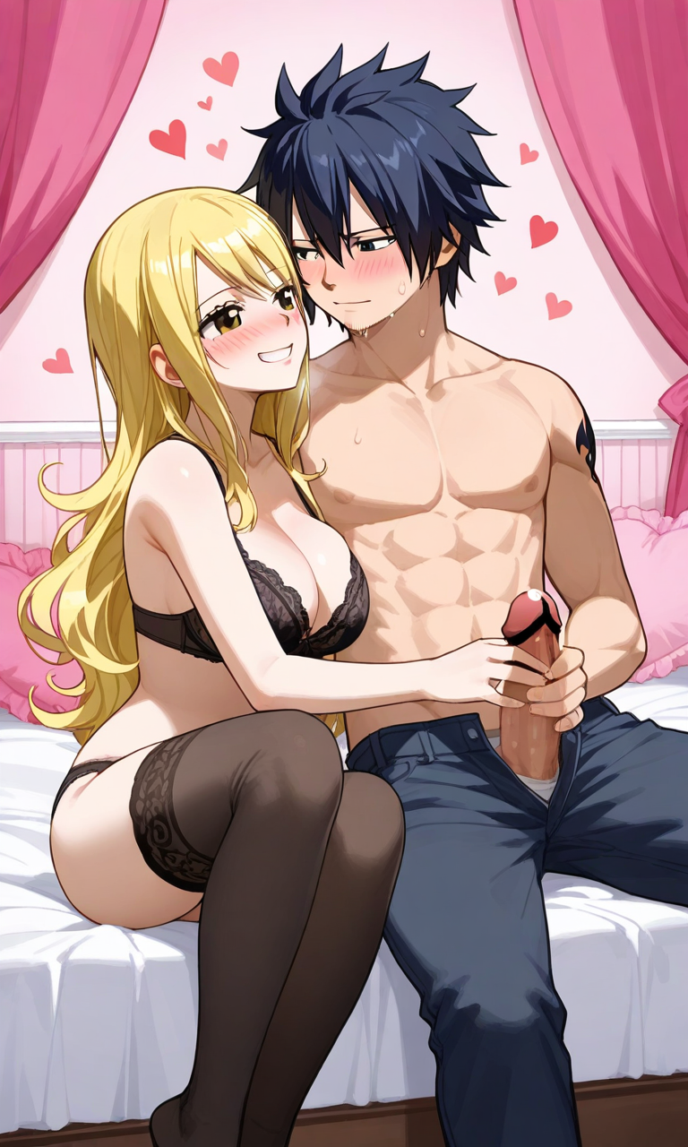 ai_generated black_bra black_hair black_lingerie_panties blonde_hair curly_hair erection fairy_tail gray_fullbuster hearts huge_breasts imminent_sex long_hair lucy_heartfilia pants penis_out pixai topless_male