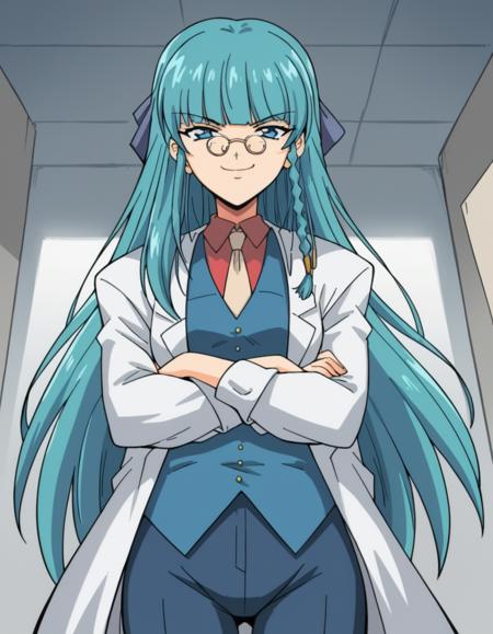 accessory ai_generated anime arms_crossed_under_breasts bangs blunt braid coat, cyan_hair daiakuji dark_blue_pants ehavilla_mecco feminist game glasses hair lab long_hair looking_at_viewer necktie ribbon shirt smiling_at_viewer