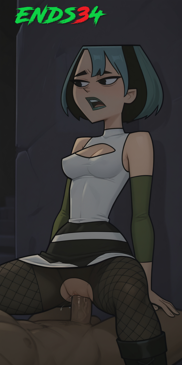 ai generated, cowgirl position, ends34, female, female focus, fishnets, goth, goth girl, gwen (tdi), male, penis, prostitution, sex, total drama island