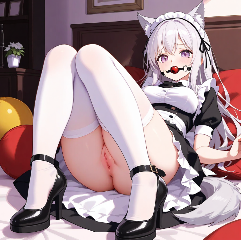 ai_generated ball_gag high_heels ladnezer maid on_floor purple_eyes pussy thighhighs white_hair wolf_ears wolf_girl wolf_tail