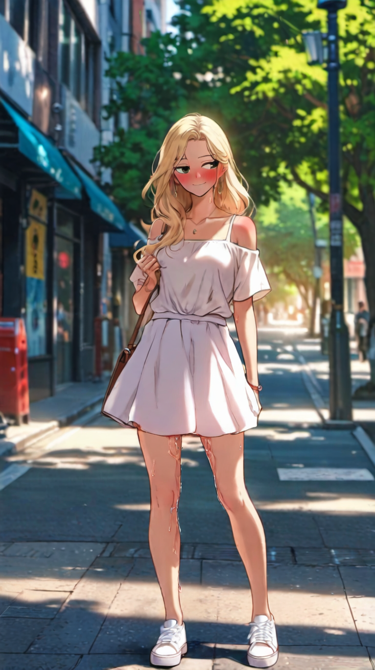 ai_assisted ai_generated blonde_hair blush city_background cookie-girl female female_only looking_away public purse pussy_juice pussy_juice_drip shy skirt smile