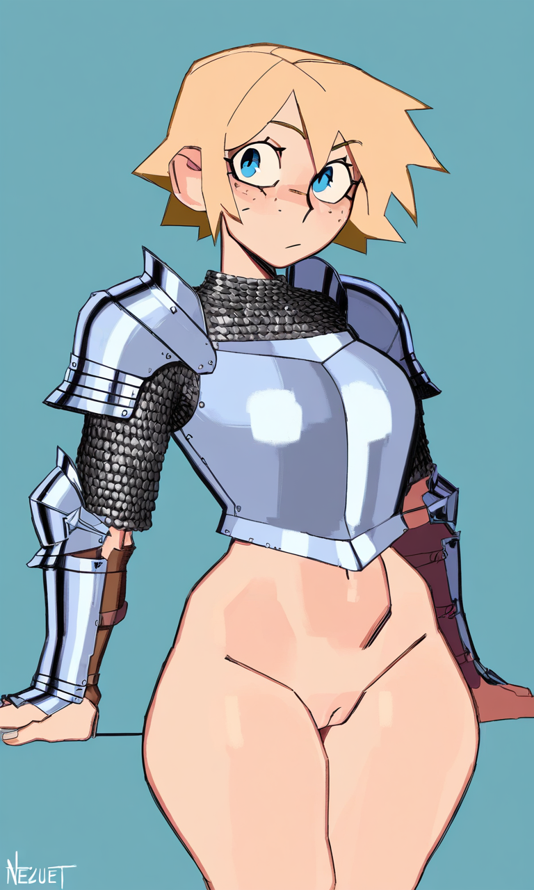 1girls ai_generated armor blonde_hair blue_eyes bottomless bottomless_female bottomless_knight chainmail chest_armor dimitra_(kosine1777) female female_knight freckles knight kosine1777 kosineverse original original_character pussy short_hair