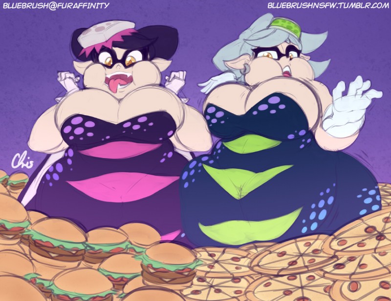 bluebrush burger callie_(splatoon) marie_(splatoon) nekocrispy nintendo pizza sequence splatoon stuffing weight_gain