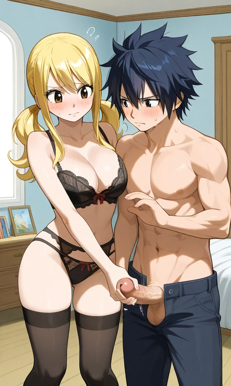 ai_generated black_bra black_hair black_lingerie_panties blonde_hair erection fairy_tail gray_fullbuster imminent_sex lucy_heartfilia pants penis_out topless_male twintails