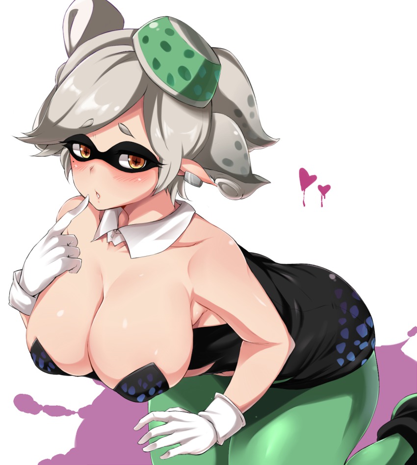1girls, alternate breast size, blush, breasts, cleavage, earrings, female, female only, gloves, heart, huge breasts, inkling, leggings, looking at viewer, marie (splatoon), moisture (chichi), nintendo, pointy ears, silver hair, solo, splatoon, splatoon (series), squid sisters, wide hips, yellow eyes