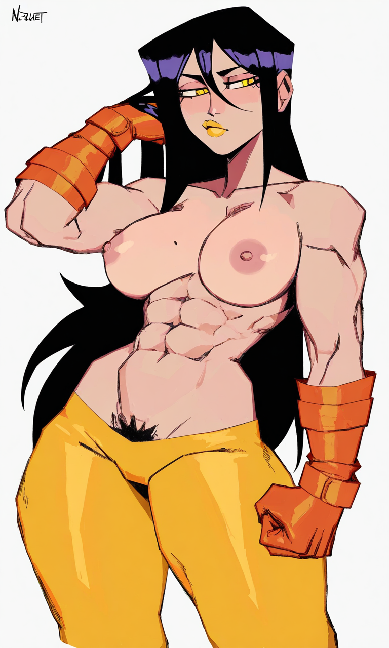 1girls abs ai_generated arm_up big_breasts black_hair canonical_outfit gloves kosine1777 kosineverse large_breasts light_skin long_hair muscular muscular_female nipples orange_gloves original original_character pubic_hair pubic_hair_peek pubic_stubble serena_(kosine1777) superheroine toned toned_female topless yellow_eyes yellow_lipstick yellow_pants