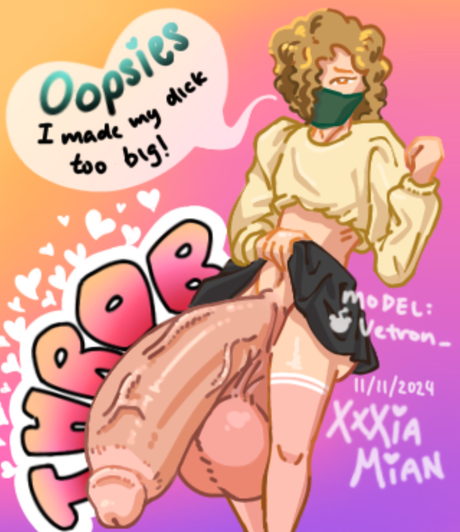 artist upload, balls, caption, cute male, femboy, femboy only, huge balls, hung femboy, hyper balls, hyper cock, hyper cock femboy, hyper penis, implied growth, large penis, lifting shirt, looking at viewer, male, mask, penis, solo femboy, veiny penis, viewer pov, xxxiamian