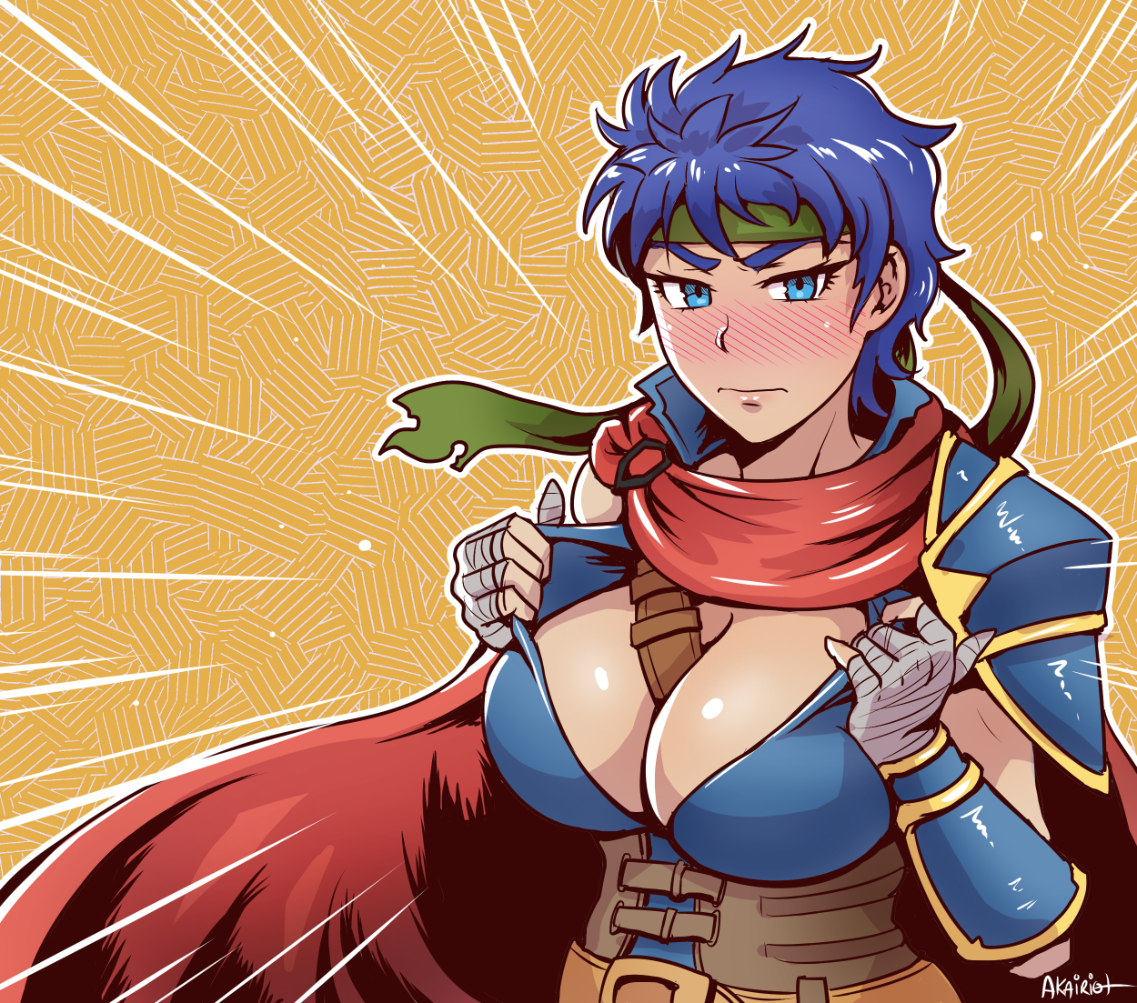 akairiot, blue eyes, blue hair, blush, breasts, cape, cleavage, female, fire emblem, fire emblem: path of radiance, fire emblem: radiant dawn, fully clothed, ike (fire emblem), large breasts, nintendo, rule 63, short hair, solo