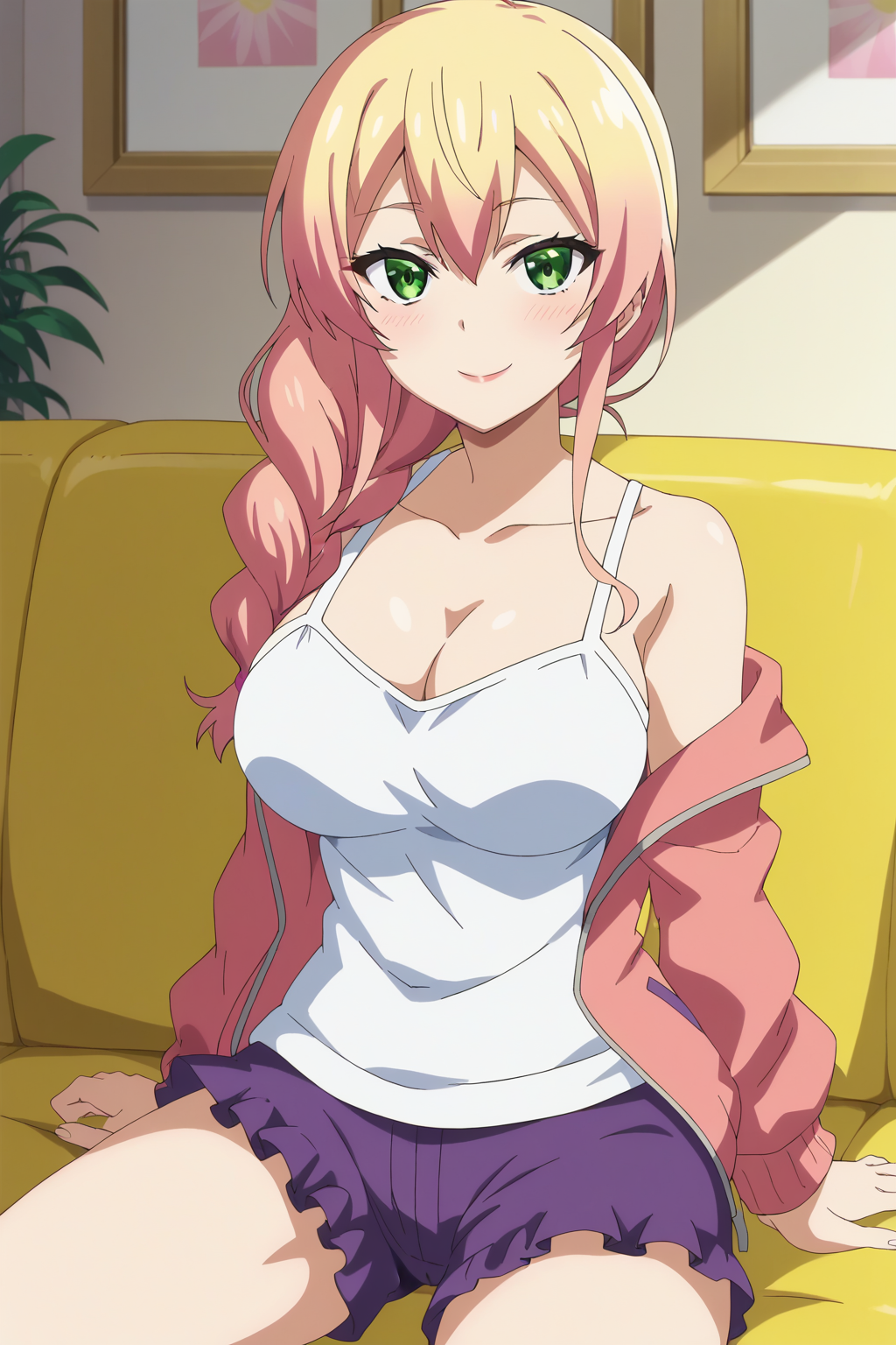 bangs bare_shoulders blonde_hair blush braid breasts camisole clavicle cleavage closed_mouth clothing couch female female furniture gradient_hair green_eyes gyaru hair_between_eyes hair_over_shoulder hajimete_no_gal indoors jacket large_breasts long_hair looking_at_viewer multicolored_hair off_shoulder on_couch open_clothes open_jacket pink_hair purple_shorts shirt short_shorts shorts single_braid sitting smile solo teen teen_girl teenage teenage_girl teenager thighs tied_hair yame_yukana