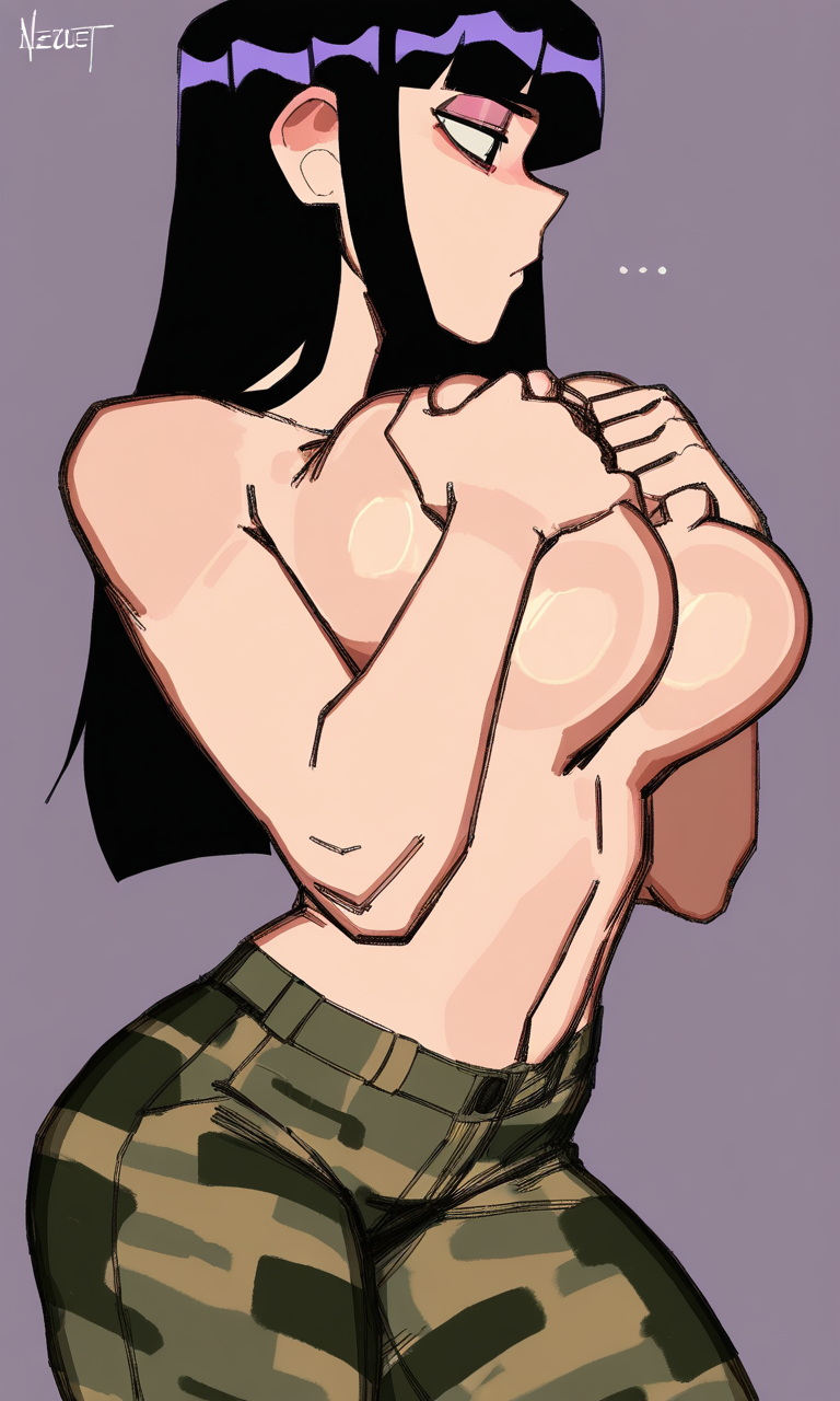 1girls ai_generated alise_(kosine1777) black_hair blunt_bangs camouflage camouflage_pants covering_breasts covering_nipples kosine1777 kosineverse large_breasts long_hair original original_character squeezing_breasts topless