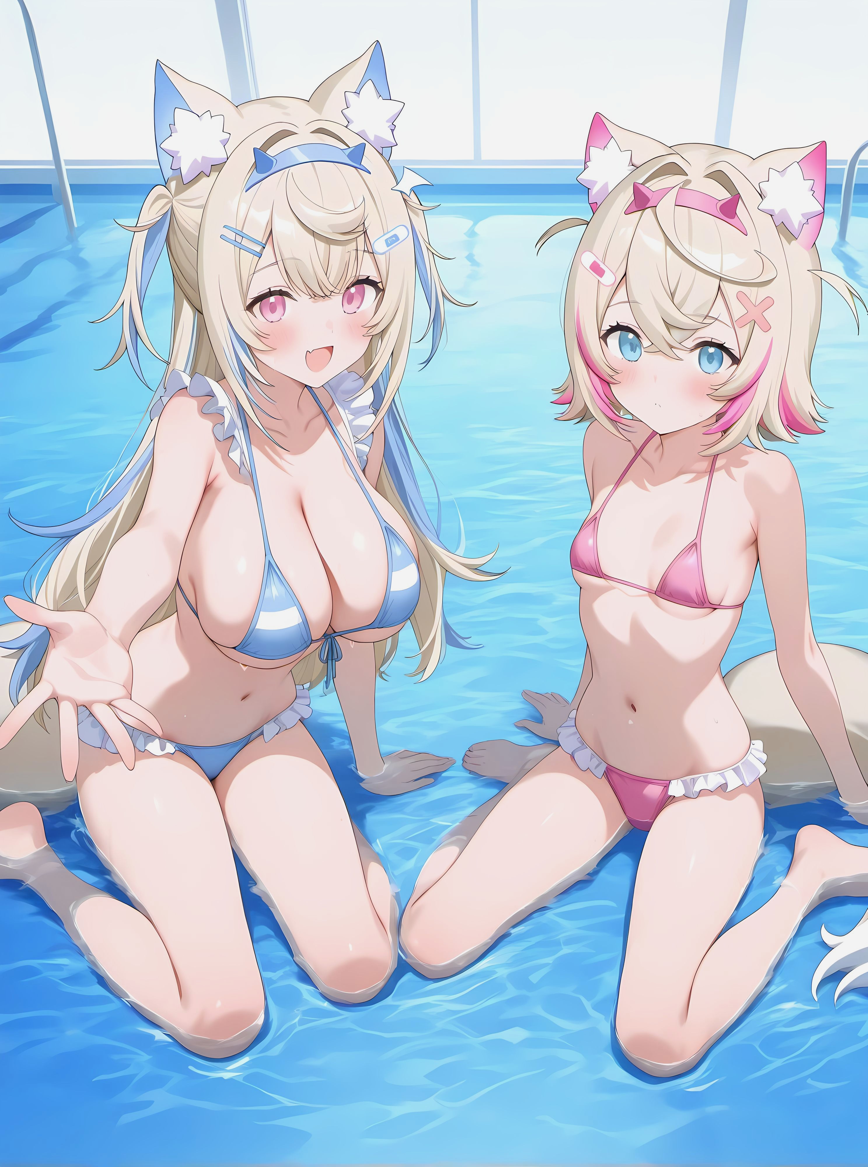 2girls, ai generated, bikini, breasts, chest, female, fuwamoco, fuwawa abyssgard, hololive, hololive english, hololive english -advent-, looking at viewer, mococo abyssgard, pool, tagme, virtual youtuber, vtuber