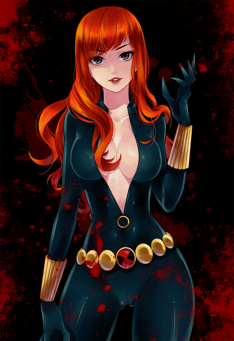 black widow (marvel), blood, bodysuit, breasts, center opening, claws, cleavage, contrapposto, cowboy shot, ee0418, erect nipples, female, grey eyes, lips, long hair, marvel, marvel comics, natasha romanoff, nipples, orange hair, parted lips, red hair, skin tight, solo, teeth, tight clothing, unzipped, unzipped bodysuit, zipper pull tab