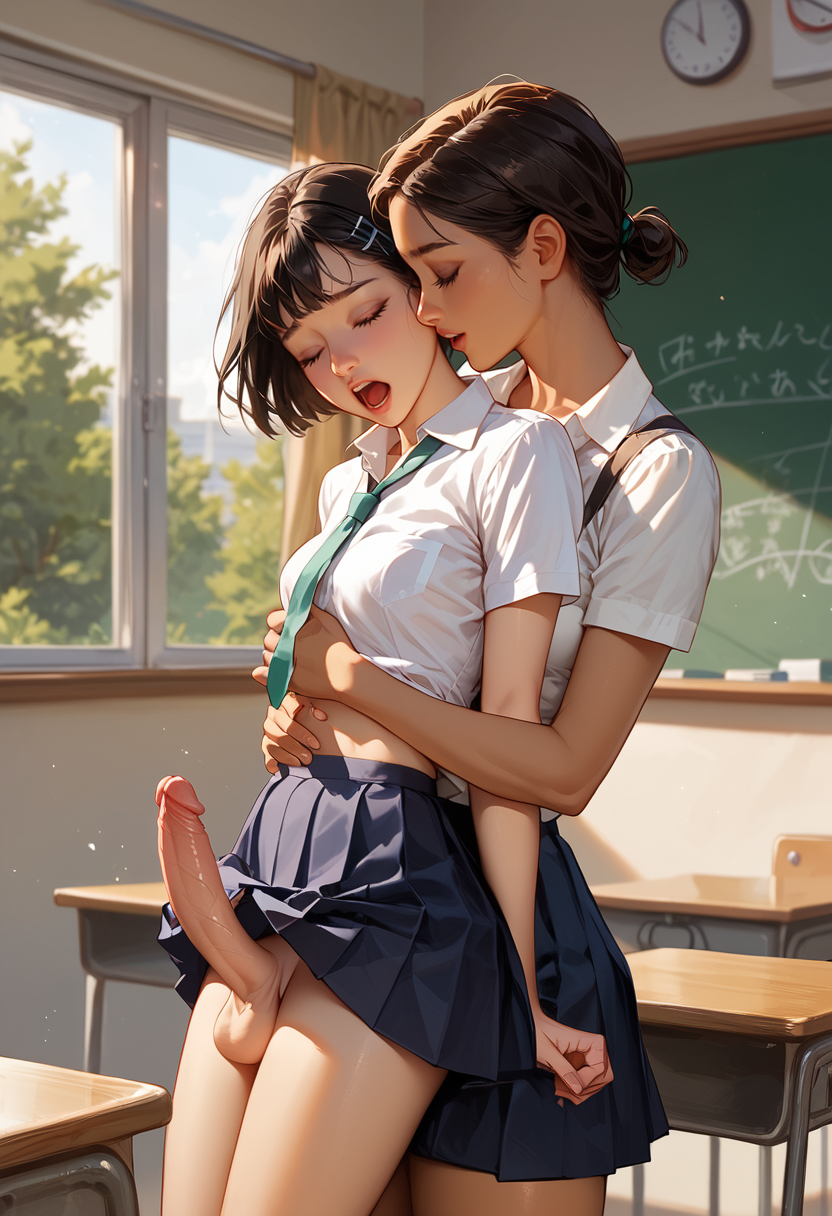 2girls ai_generated classroom fellatio long_hair school_uniform short_hair