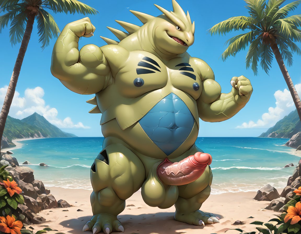 1boy ai_generated anthro balls big_balls big_muscles big_nipples big_pecs big_penis booster_rex erection furry furry_male green_body huge_balls huge_cock huge_muscles huge_nipples huge_pecs male male_only muscular muscular_anthro muscular_male nipples nude pecs penis pokemon pokemon_(species) solo tyranitar