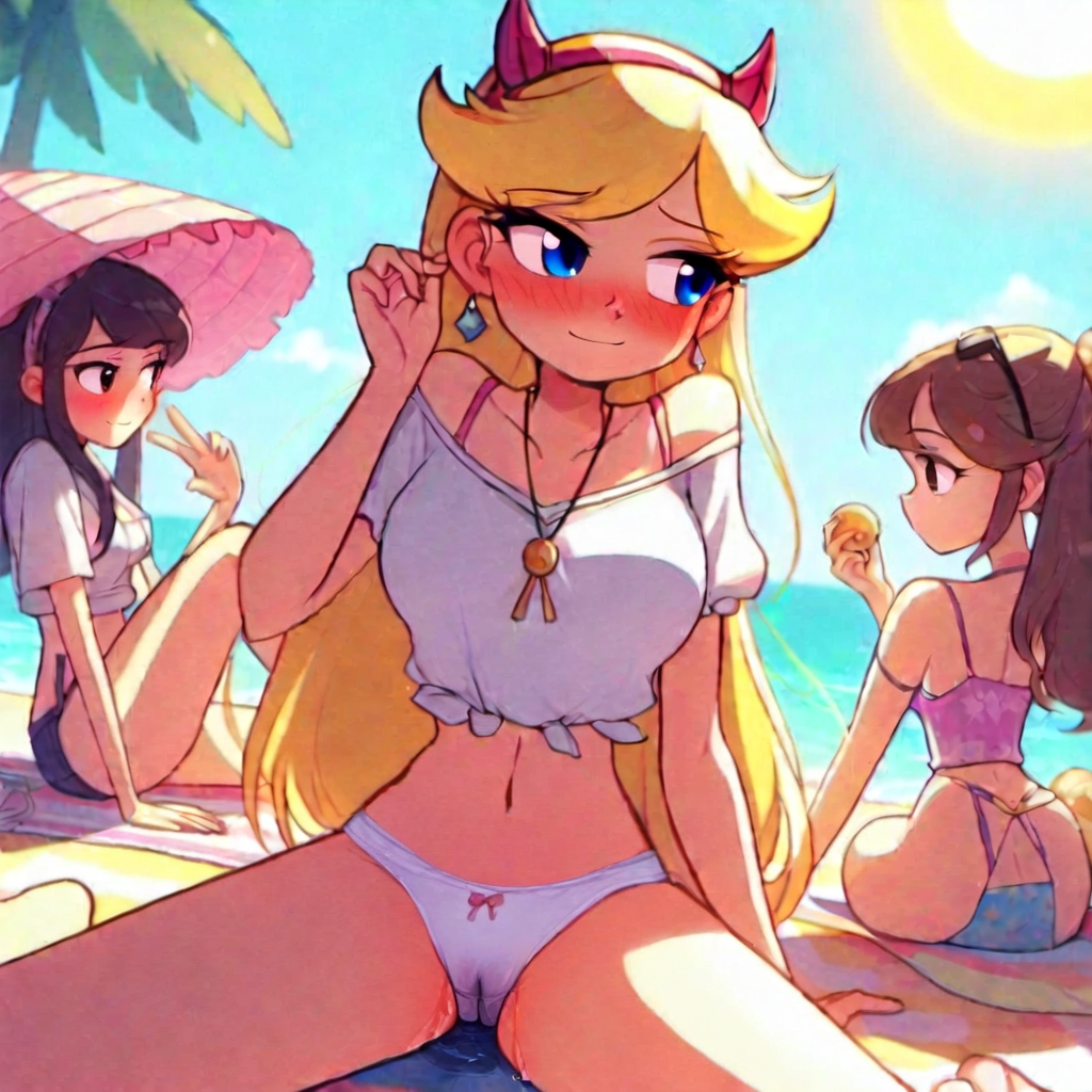 ai_assisted ai_generated beach beach_background beach_towel beach_umbrella blonde_hair blue_eyes blush cameltoe cookie-girl crop_top devil_horns female female_only looking_away multiple_girls necklace pussy_juice pussy_juice_drip pussy_juice_through_clothing shy smile star_butterfly white_panties