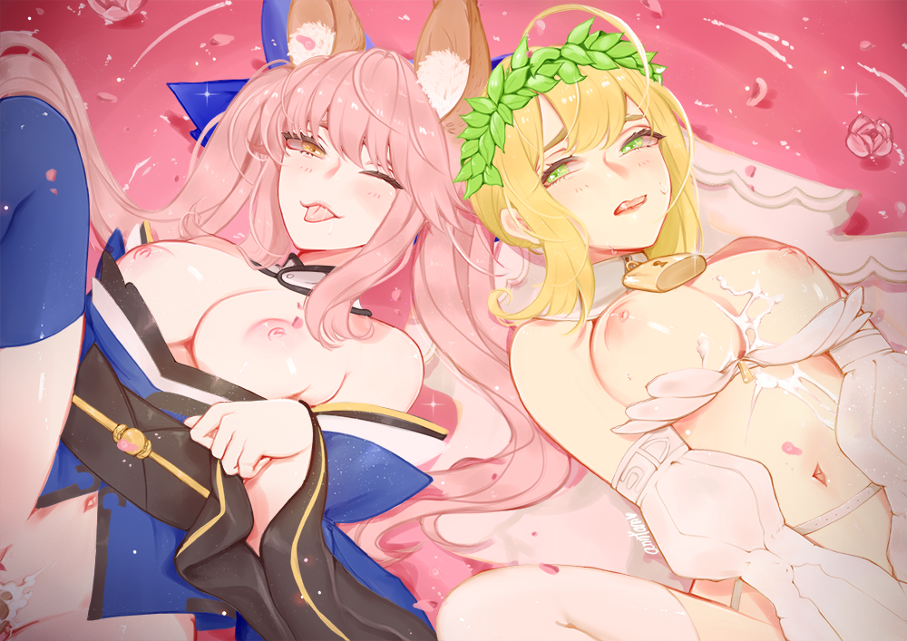 2girls :p ahoge animal_ear_fluff animal_ears anntan bare_shoulders blonde_hair blue_bow blush bow breasts bridal_veil cleavage clothes_lift cum cum_in_pussy cum_on_body cum_on_breasts detached_sleeves fate_(series) fox_ears fox_girl green_eyes hairbow head_wreath japanese_clothes lock long_hair looking_at_another looking_at_viewer medium_breasts multiple_girls nero_claudius_(bride)_(fate) nero_claudius_(fate) nipples padlock pink_hair ribbon tamamo_(fate) tamamo_no_mae_(fate/extra) thighhighs tongue tongue_out two_side_up veil white_sleeves yellow_eyes