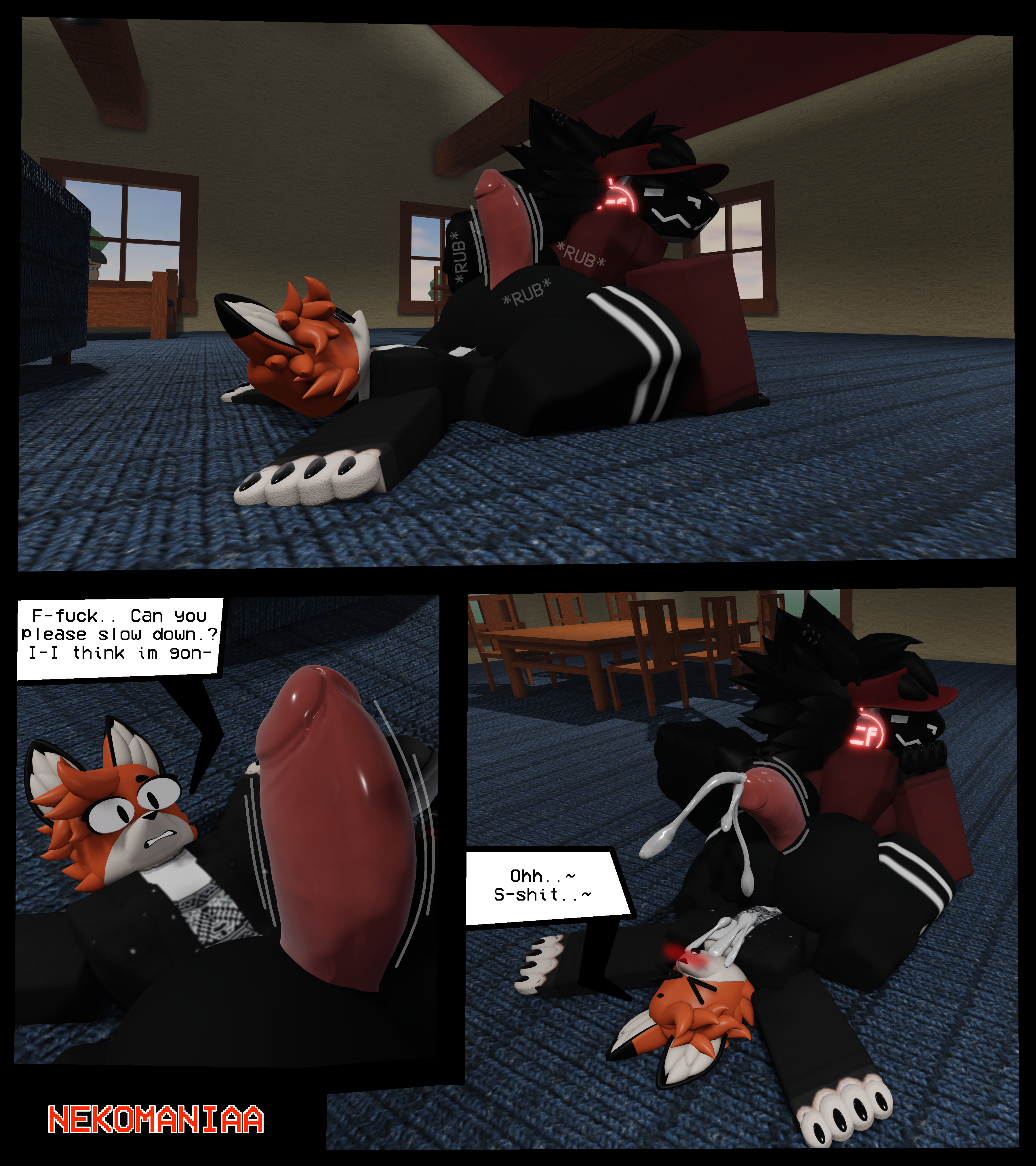 3d, ass, assjob, black fur, buttjob, canine, cum on face, english text, female, fox, furry, furry only, knot, knotted penis, male, male/female, nekomaniaa, penis, protogen, roblox, roblox avatar, robloxian, self upload