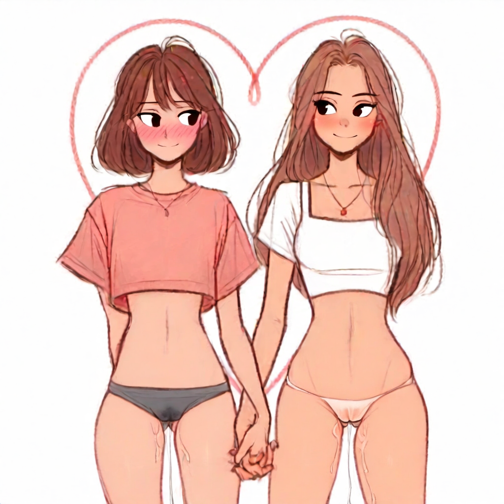 ai_generated blush cameltoe cookie-girl crop_top excessive_genital_fluids excessive_pussy_juice eye_contact grey_panties heart_symbol holding_hands necklace panties pussy_juice pussy_juice_drip two_girls white_panties yuri