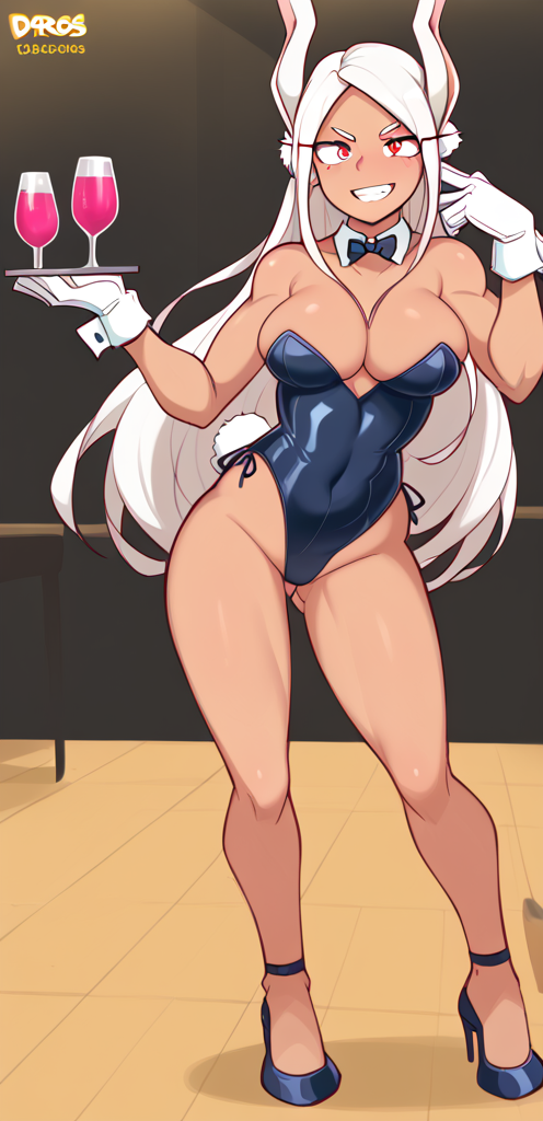 ai_generated aianonguy cleavage dark_skin drinks dross_(style) female female_only gloves high_heels miruko my_hero_academia pelvic_line playboy_bunny rabbit_ears red_eyes rumi_usagiyama self_upload solo_female stable_diffusion white_hair