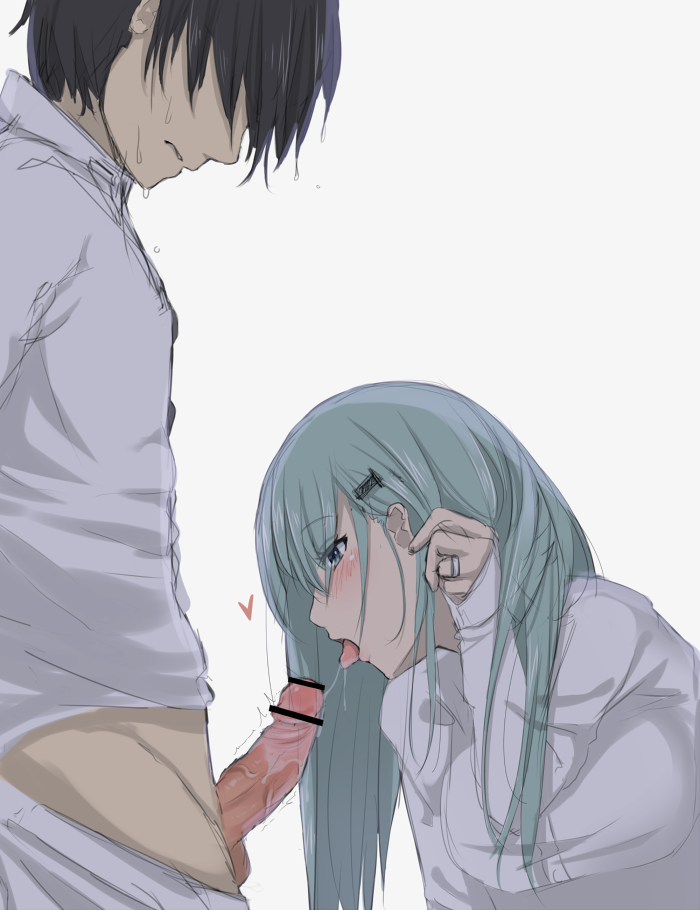 1boy admiral_(kantai_collection) aqua_hair bush censored female hair_ornament hairclip jewelry kantai_collection long_hair open_mouth penis pointless_censoring ring saliva saliva_trail schizanthus_(artist) suzuya_(kantai_collection) wedding_ring