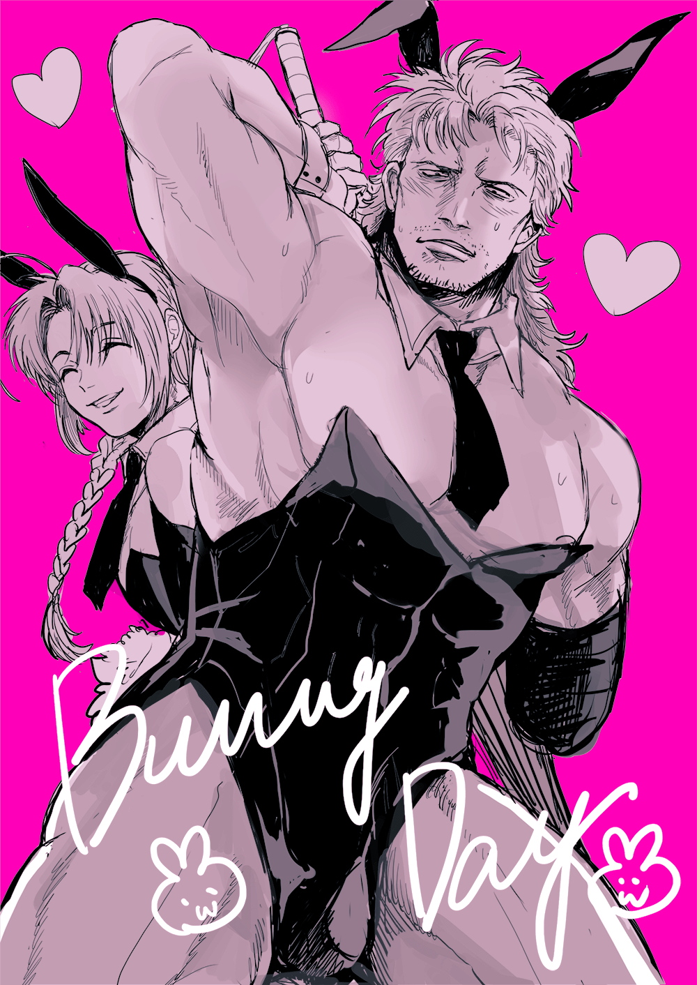 2boys abuto alternate_costume amputated_arm amputee arm_up armpit bara bulge bunny_ears bunnysuit crossdressing detached_collar dilf gintama kamui_(gintama) long_hair long_hair_male looking_at_viewer male male_only male_playboy_bunny manly_crossdresser mature mature_male mullet muscular muscular_male necktie nipple_slip ottori pecs pink_background stubble sweat