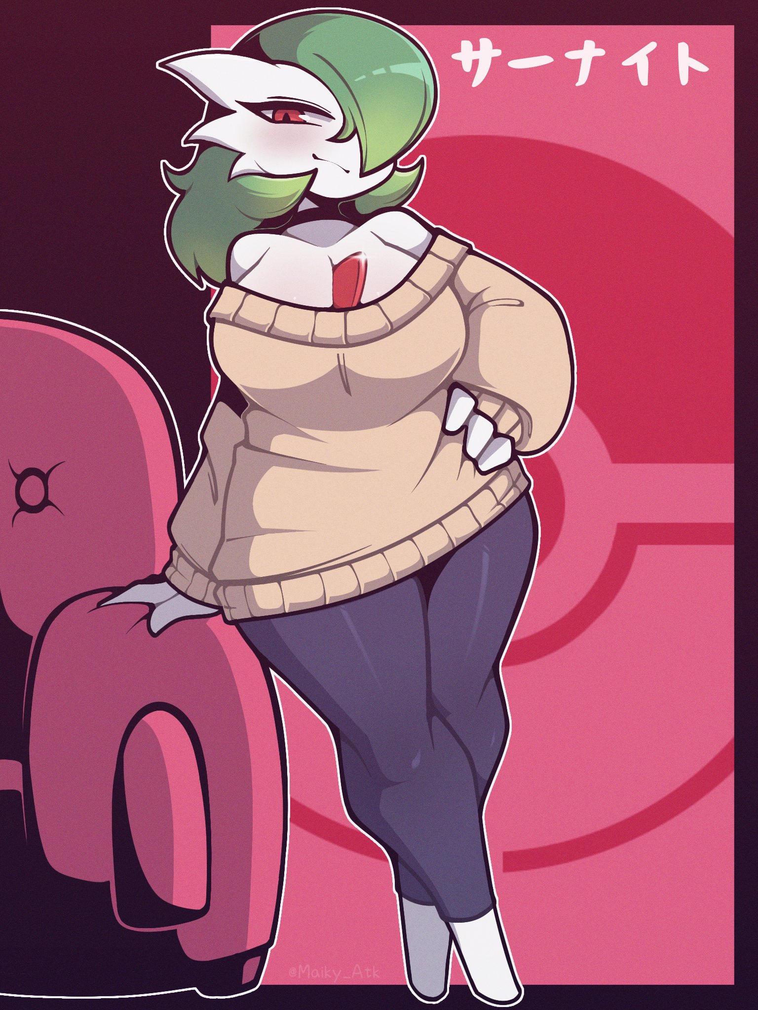 1girls, breasts, casual clothes, cleavage, clothing, curvaceous, curvy, female, female focus, female only, gardevoir, green hair, leggings, maiky atk, one eye closed, pale skin, pokemon, pokemon (species), posing, smile, smiling, smirk, solo, solo female, solo focus, standing, thick thighs, thighs, wide hips, wink, winking, winking at viewer