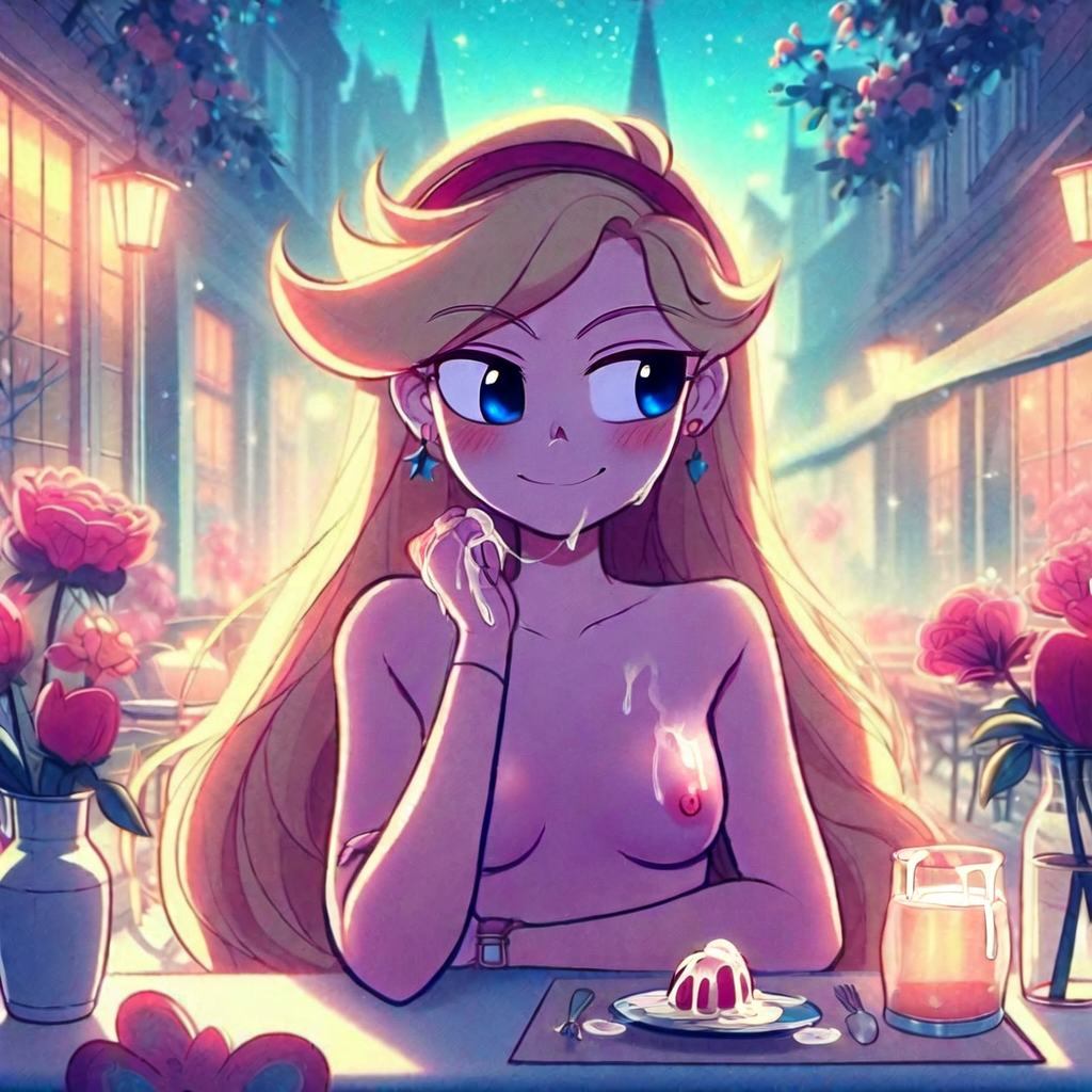 ai_assisted ai_generated blonde_hair blue_eyes blush breasts cafe city_background cookie-girl cum_on_body cum_on_face cum_on_food date_night eating_out female female_only flowers food night_sky nipples shy small_breasts smile star_butterfly