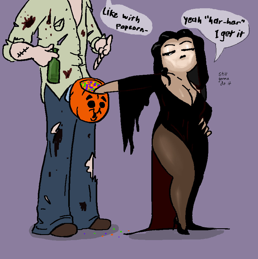 1girls black_hair candy cleavage dialogue dress etcexera halloween halloween_costume high_heels implied_handjob oc original_characters pumpkin ripped_clothing ripped_pants ripped_shirt stockings text text_bubble