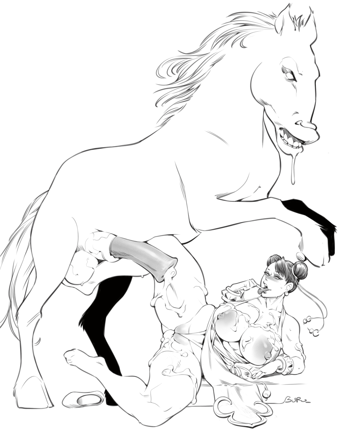 1animal, 1girls, after sex, ass, ballcaress, balls, bestiality, between labia, blush, breasts, breasts out, burustandin, capcom, chun-li, cum, cum in ass, cum inside, cum on breasts, cum on legs, cum on thighs, double bun, dress, female, female on feral, finger to mouth, half-closed eyes, horse, huge areolae, huge balls, huge breasts, huge cock, huge testicles, human, human on feral, humanoid, interspecies, leotard, male, monochrome, naughty face, penis, plump labia, pussy, sketch, spread legs, straight, street fighter, testicles, thick thighs, veins, veiny balls, veiny penis, veiny testicles, wide hips, zoophilia