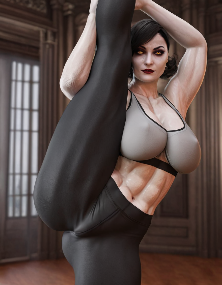 alcina_dimitrescu bob_cut curvy eyeshadow grey_skin makeup red_lips resident_evil splits sport_bra standing_split tall_female vampire voluptuous yellow_eyes yoga yoga_pants