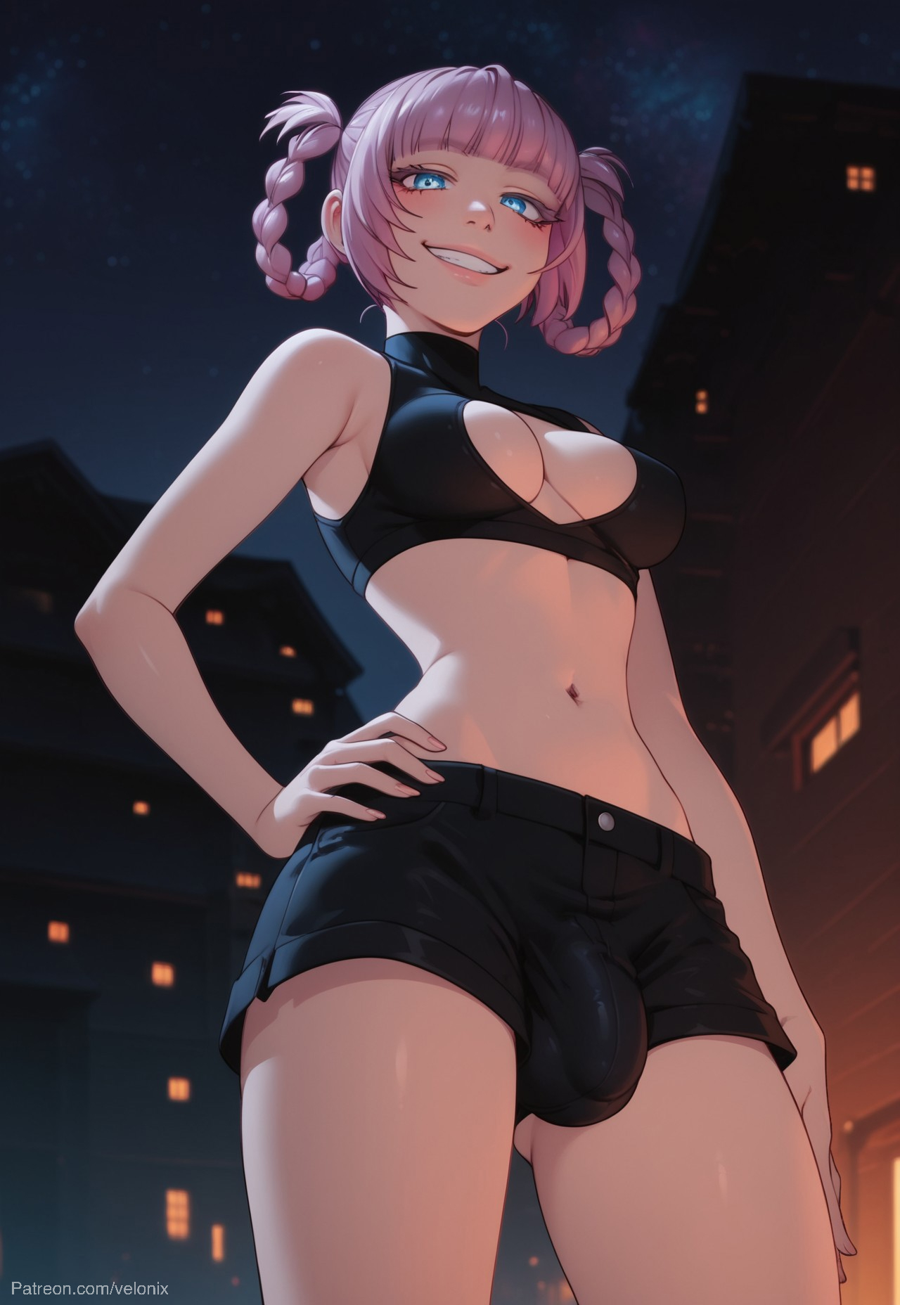 1futa, ai generated, ass, balls, bare shoulders, big ass, big breasts, big butt, big hips, big penis, black clothing, blue eyes, braided hair, braided twintails, breasts, call of the night, cleavage, crop top, dick, dickgirl, eyebrows, eyelashes, from below, futa only, futanari, grin, grinning, grinning at viewer, hair, hand on hip, hands-free, huge cock, indoors, intersex, lips, long hair, looking at viewer, makeup, naked, nanakusa nazuna, narrow waist, narrowed eyes, nose, nude, penis, seducing, seductive, seductive eyes, seductive gaze, seductive look, seductive mouth, seductive pose, seductive smile, short shorts, shorts, silver hair, small shorts, smile, smile at viewer, smiley face, smooth balls, smooth penis, smooth skin, solo, solo dickgirl, solo focus, solo futa, taker pov, testicles, vampire, velonix, white hair, yofukashi no uta