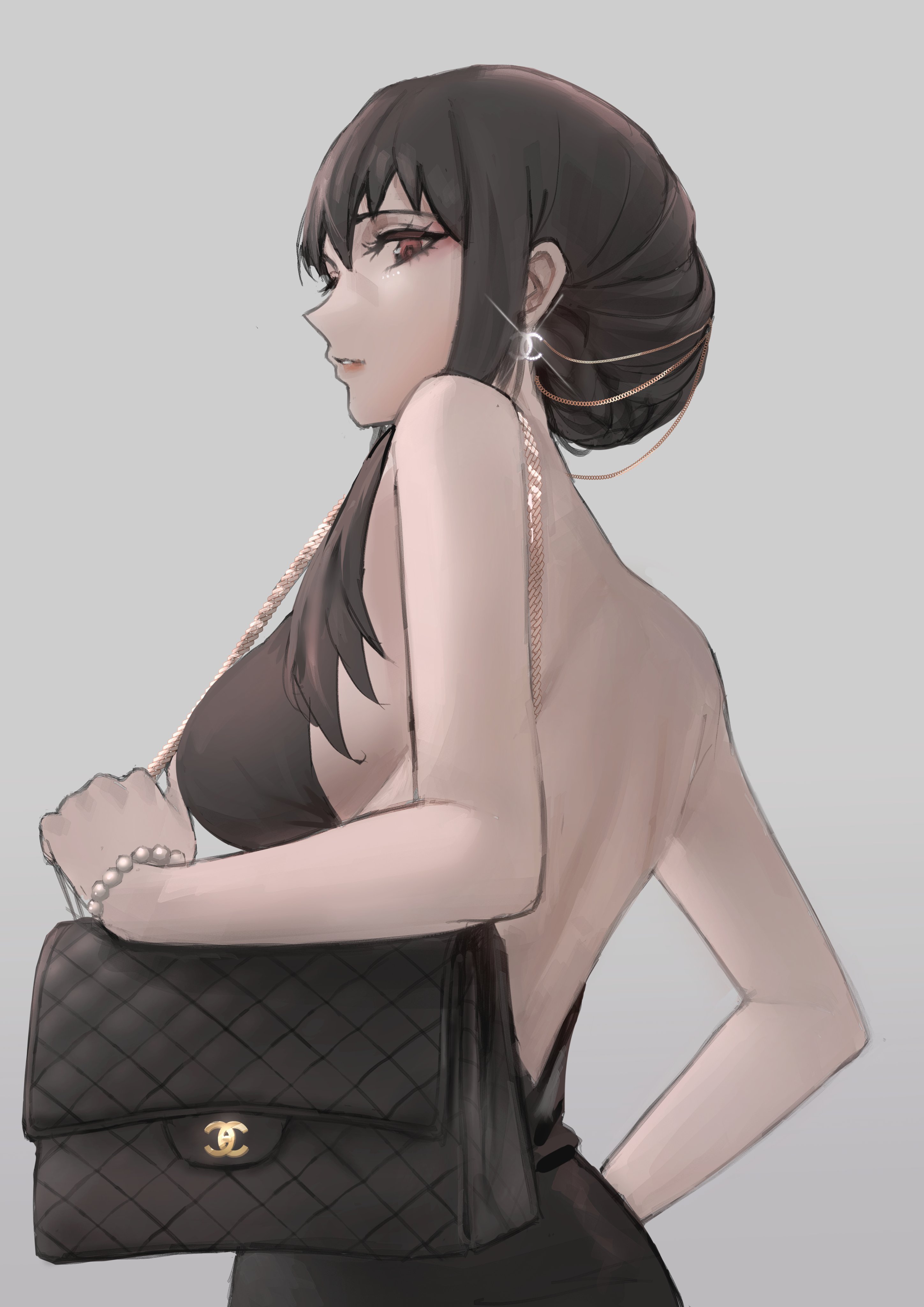 backless dress, backless outfit, bag, bare back, bare shoulders, black dress, black hair, breasts, chanel, dress, earrings, female, grey background, handbag, jewelry, large breasts, long hair, looking at viewer, parted lips, sexy, simple background, solo, spy x family, tommy (kingdukeee), upper body, yor briar