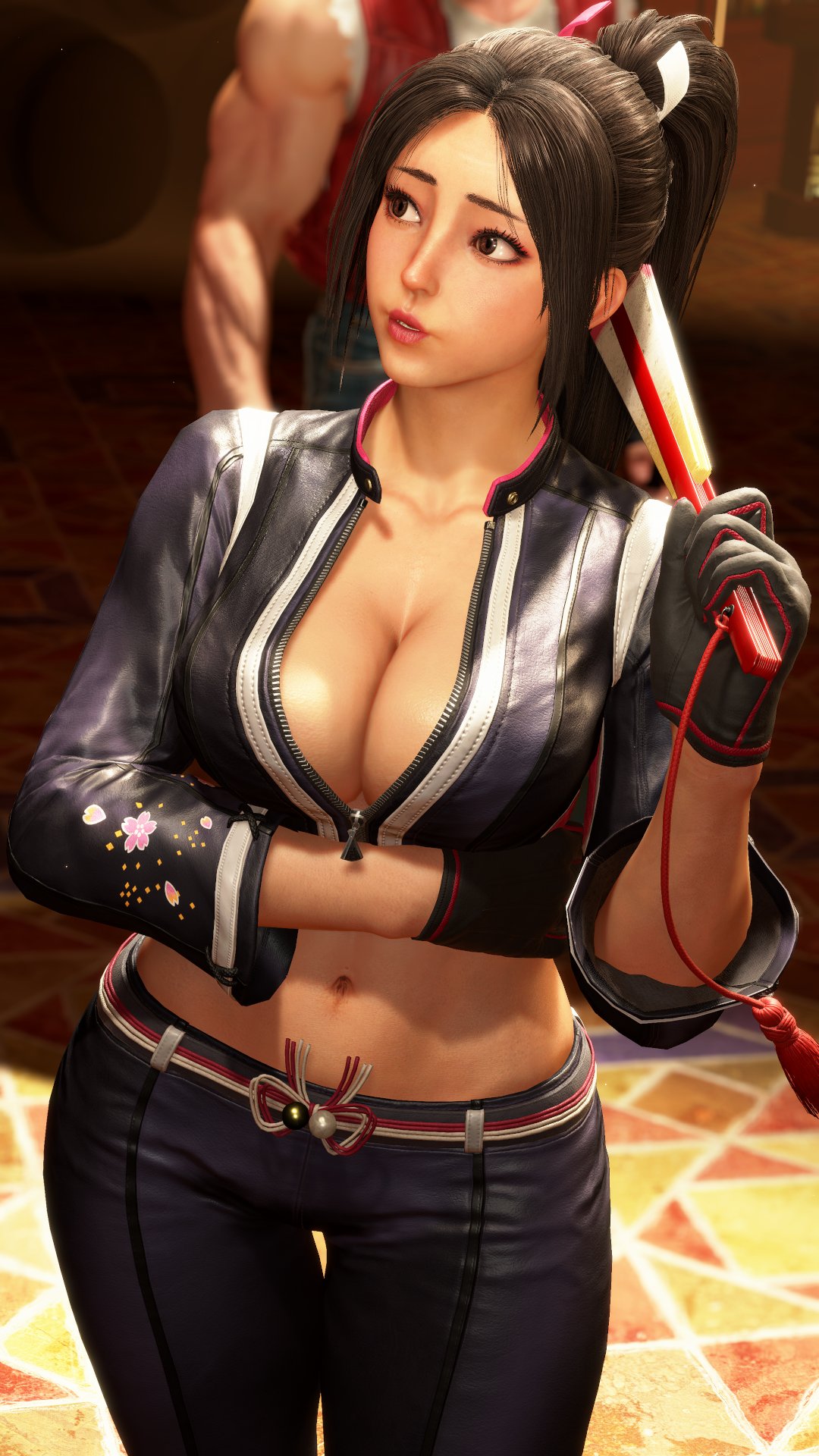 3d asian asian_female belly_button big_breasts biker_clothes biker_girl biker_gloves biker_jacket brown_hair cleavage crossed_arms fatal_fury fatal_fury:_city_of_the_wolves gameplay gameplay_screenshot gloves ingame_model jacket leather leather_clothing leather_jacket leather_pants long_hair long_sleeves mai_shiranui mai_shiranui_(city_of_the_wolves) official_alternate_costume open_jacket sf_screenshot slim_waist street_fighter street_fighter_6 tagme thick_thighs top video_game video_game_character video_games wide_hips