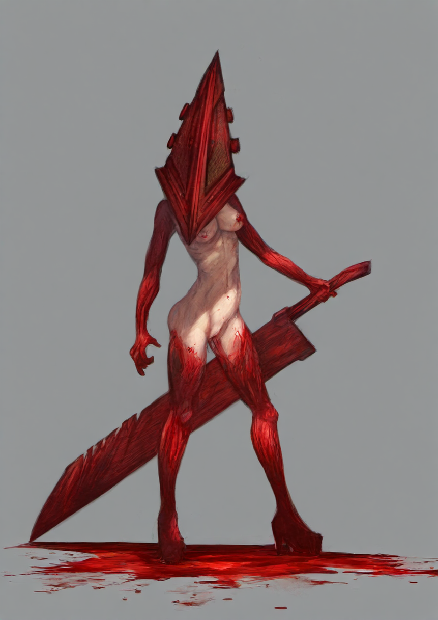 ai_assisted ai_generated blood blood_on_body blood_on_face breasts_out cookie-girl high_heels pyramid_head sword