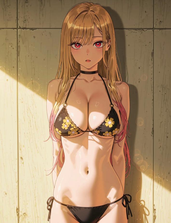 1female 1girls 2d 2d_(artwork) 2d_artwork against_wall bare_arms bare_legs bare_midriff bare_shoulders bare_thighs barefoot beautiful beautiful_females belly_button big_breasts big_breasts bikini bikini_bottom bikini_top black_bikini black_bikini_bottom black_bikini_top black_collar blonde_female blonde_hair blush blush cleavage collar dirty_walls dust_particles eyelashes female female_only flower_print flower_print_panties girl girl_only half_naked hd inner_sideboob kitagawa_marin light-skinned_female light_bubbles light_skin long_hair midriff my_dress_up_darling navel only_female only_girl pink_eyes pink_highlights pink_lips pink_lipstick sideboob sunlight sunlight_rays thick_thighs underboob