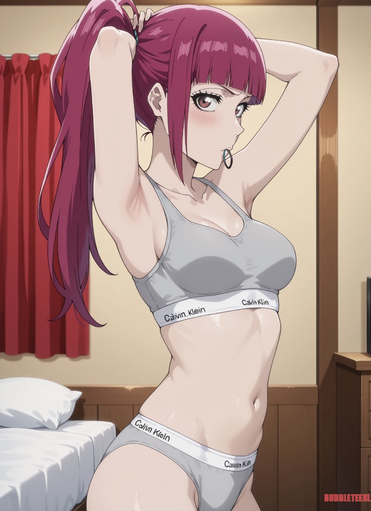 1girls ai_generated armpits arms_up belly belly_button bleach bleach:_the_thousand-year_blood_war bra breasts dokugamine_riruka female looking_at_viewer panties pink_hair tied_hair underwear