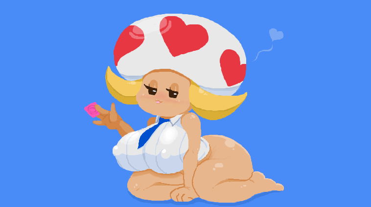 1girls 2d 2d_(artwork) 4_fingers blue_background blue_tie blush condom eyebrows eyelashes foot heart heart_symbol holding_condom holding_object looking_at_viewer mario_(series) mushroom mushroom_girl mushroom_humanoid nearly_nude nipples_visible_through_clothing no_pants pangotime paper_mario sarcastic_face tagme thick_butt tied_shirt tongue tongue_out vanna_t. video_game_character video_games worker_shirt yellow_hair