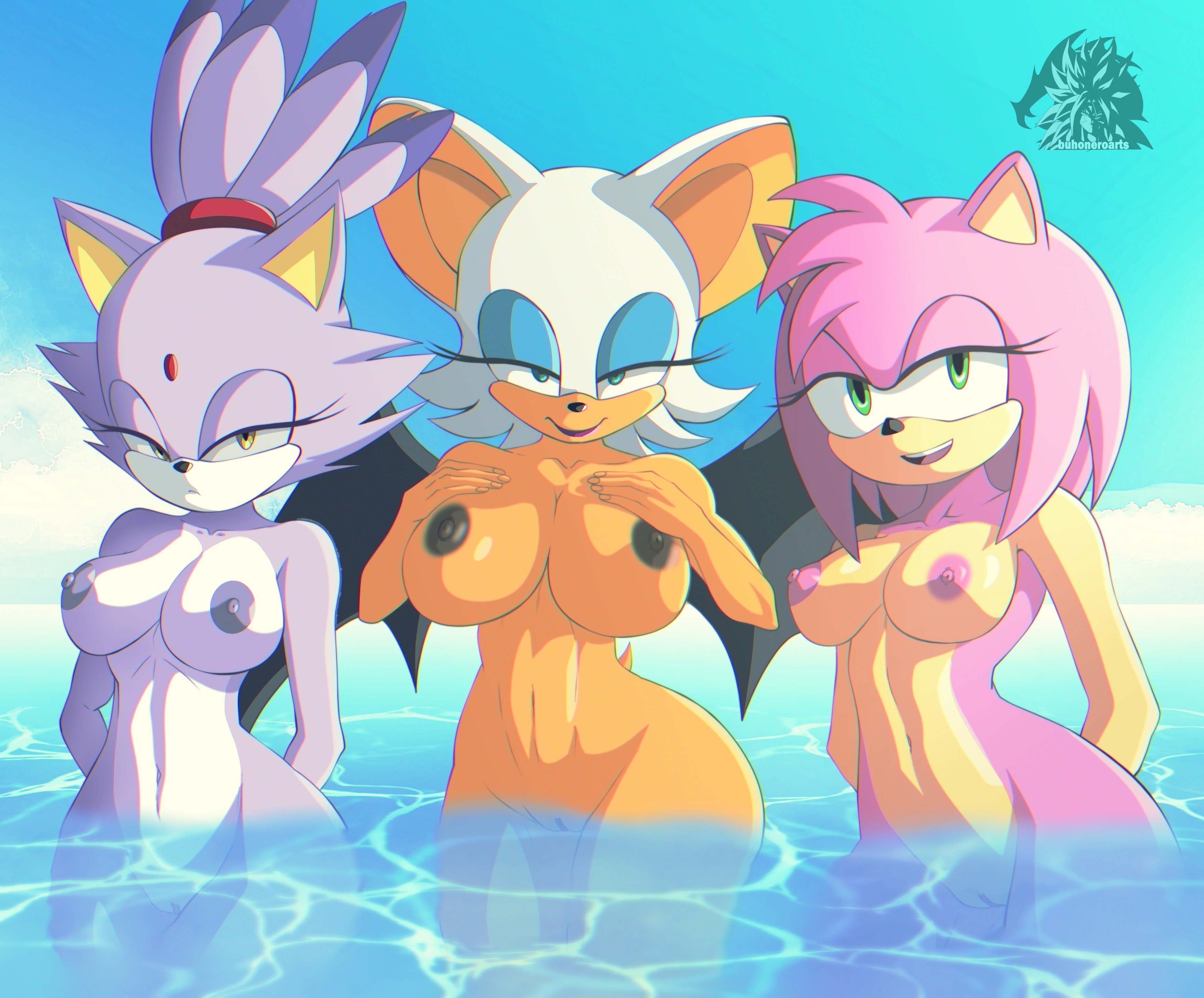 3girls, alex art 18, amy rose, anthro, anthro female, anthro only, beach, blaze the cat, female, furry, furry female, furry only, mobian (species), nude, rouge the bat, sonic (series), water