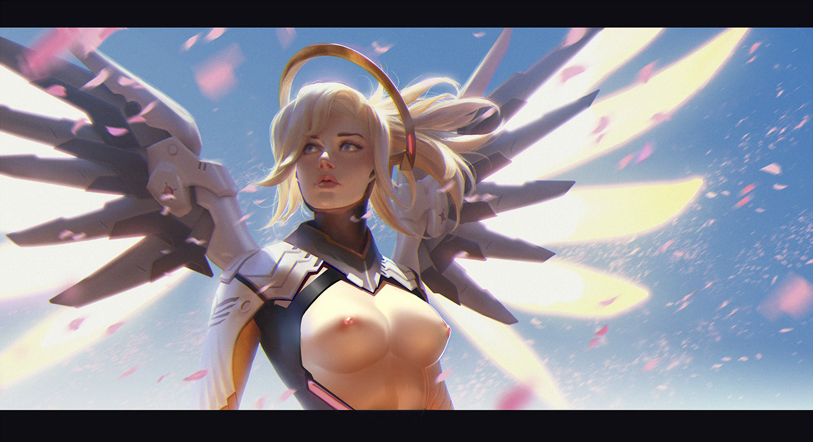 1girls, 2d, areolae, armor, blizzard entertainment, blonde hair, blue eyes, breasts, cleavage, female, female only, human, long hair, medium breasts, mercy, nipples, overwatch, ponytail, solo, solo female, standing, tied hair, topless, wings