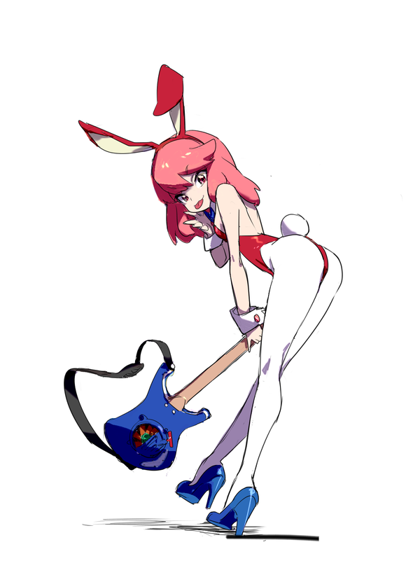 1girls animal_ears cosplay cuffs fake_animal_ears female_focus flcl gyosone haruhara_haruko haruhara_haruko_(cosplay) haruko_haruhara haruko_haruhara_(cosplay) high_heels jakuzure_nonon kill_la_kill leotard pantyhose playboy_bunny rabbit_ears rabbit_tail red_leotard shintani_mayumi simple_background solo tail tongue tongue_out voice_actor_connection