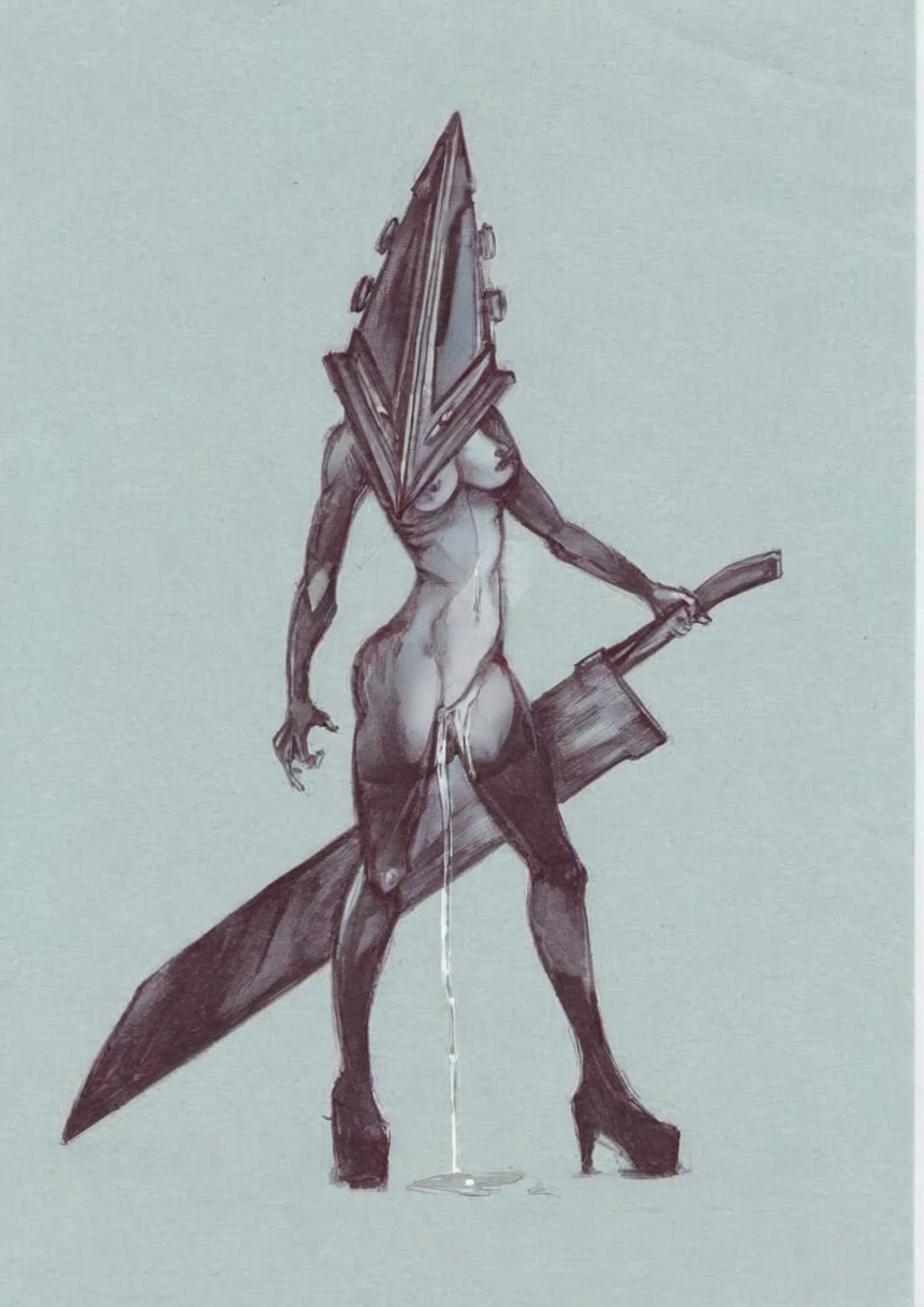 ai_assisted ai_generated breasts cookie-girl excessive_genital_fluids excessive_pussy_juice high_heels nipple_pasties pussy_juice_drip pyramid_head sketch sword