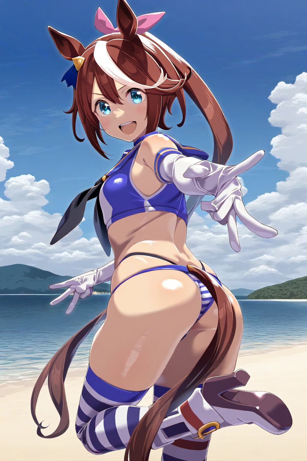 ai_generated animal_ears brown_hair female horse_girl pony_tail ribbon striped_bikini tokai_teio_(umamusume) two_tone_hair umamusume umamusume_pretty_derby