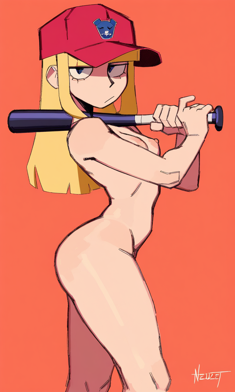 1girls ai_generated baseball_bat baseball_cap blonde_hair blue_eyes blunt_bangs completely_nude completely_nude_female kosine1777 kosineverse light-skinned_female light_skin linne_(kosine1777) nipples nude nude_female original original_character out-of-frame_censoring red_hat small_breasts