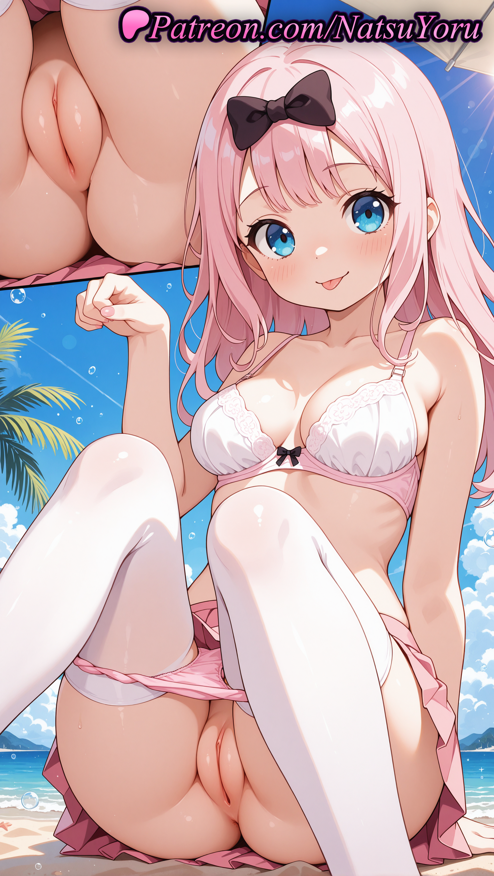 1girls, 2025, ai assisted, ai generated, anime, anime style, anus, ass, asshole, bangs, bare arms, bare shoulders, beach, bikini, black bow, blue eyes, blue sky, blunt bangs, blush, bow, bow bra, bra, breasts, bust, busty, cleavage, cleft of venus, closed mouth, cloud, collarbone, day, feet out of frame, female, female focus, female only, fujiwara chika, hairbow, hand up, hi res, high quality, high resolution, highres, innie pussy, kaguya-sama wa kokurasetai ~tensai-tachi no renai zunousen~, knees up, labia, labia majora, legs, long hair, looking at viewer, medium breasts, miniskirt, multiple views, nail polish, natsuyoru, no shirt, ocean, oshiri, outdoors, paipan, palm tree, panties, pantsu, panty pull, patreon, paw pose, pink bikini, pink bra, pink hair, pink nails, pink panties, pink skirt, pleated skirt, pussy, sand, shaved pussy, sitting, skirt, sky, smile, solo, solo female, stable diffusion, thighhighs, thighs, tongue, tongue out, tree, umbrella, uncensored, underwear, vagina, voluptuous, voluptuous female, water, white bra, white legwear, white thighhighs
