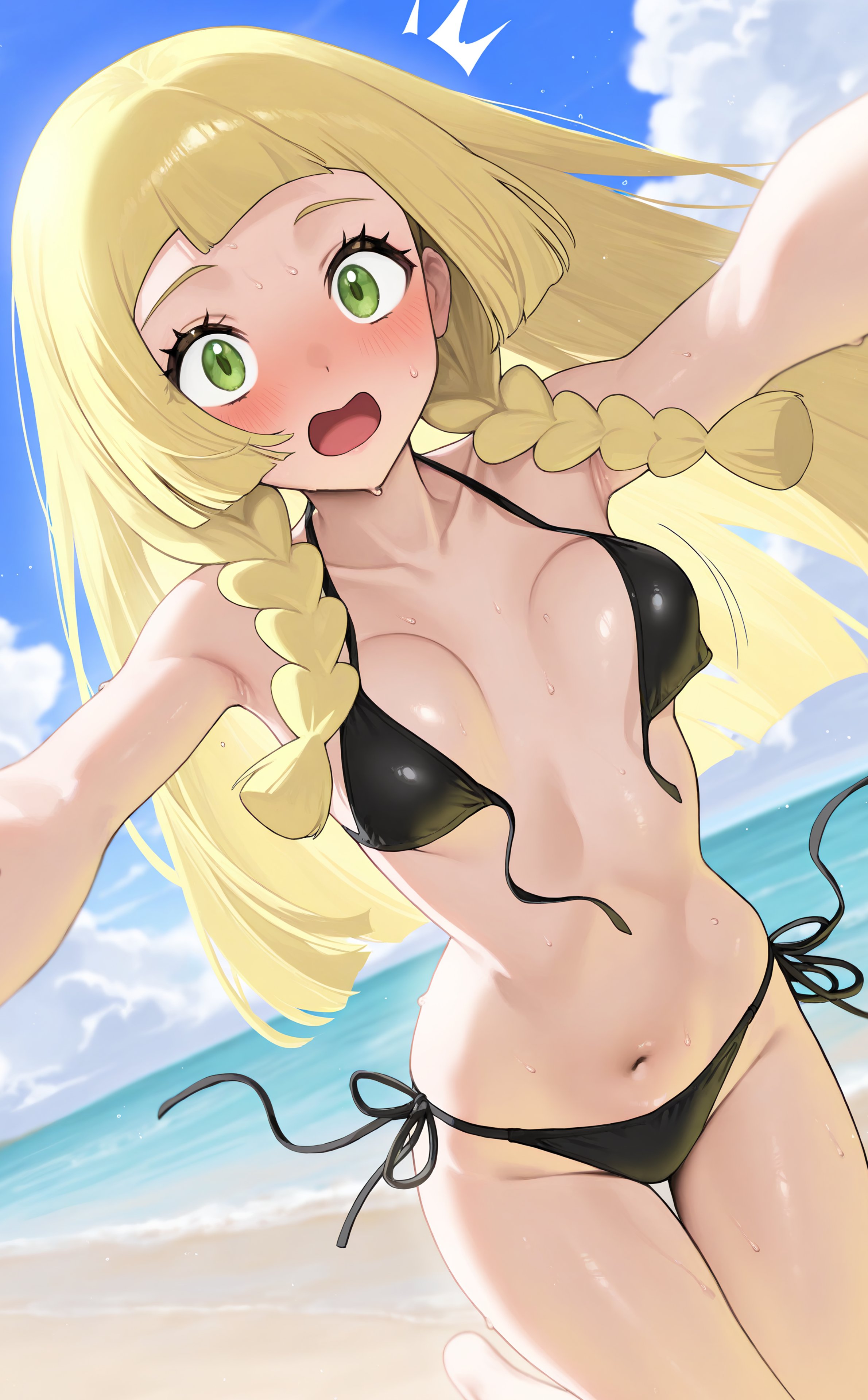 1girls, ai generated, beach, blonde female, blonde hair, blush, female, lillie (pokemon), pokemon, ripped bikini, ripped clothing, shock, shocked, solo female, solo focus
