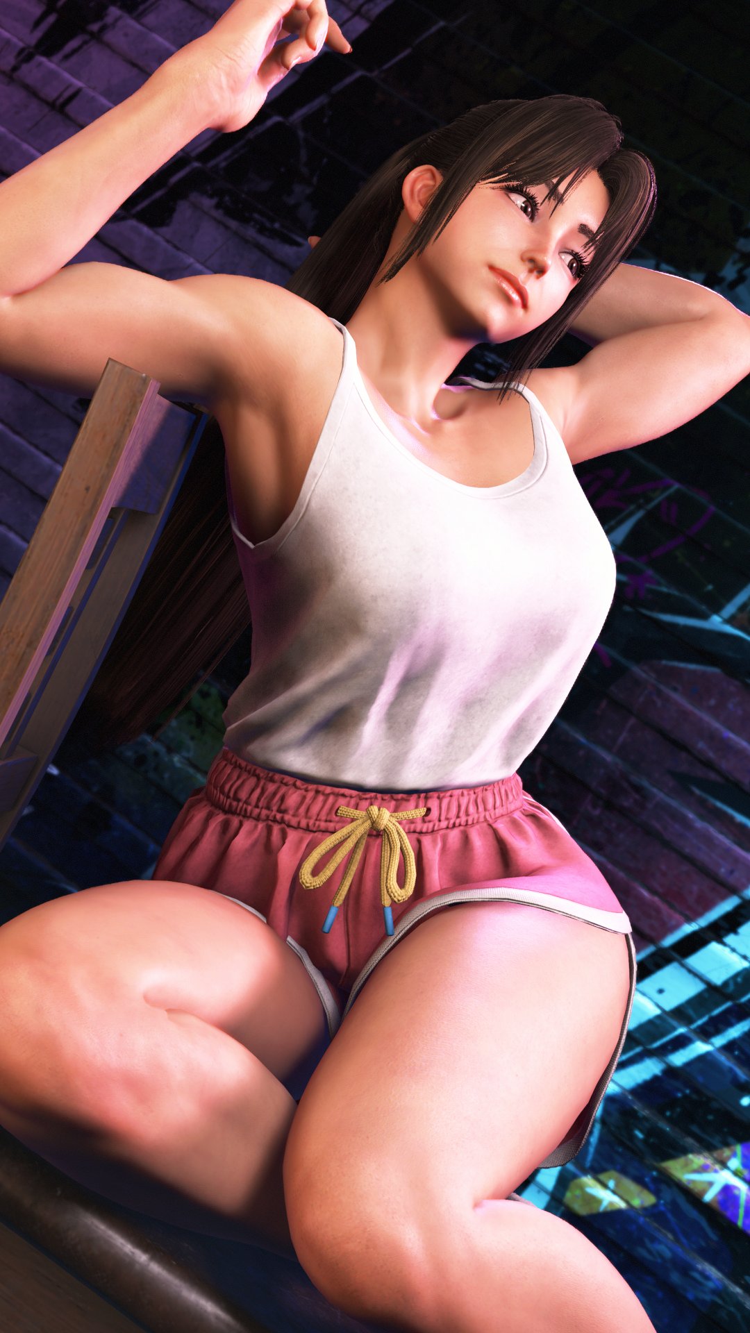 1girls, 3d, alternate costume, armpit, arms up, asian, asian female, big breasts, breasts, brown eyes, brown hair, casual, chair, cleavage, fatal fury, female, female focus, female only, game screenshot, human, human only, mai shiranui, mai shiranui (casual), mai shiranui (street fighter 6), official alternate costume, pink shorts, screencap, screenshot, sf screenshot, shorts, sitting, sitting on chair, sleeveless, sleeveless shirt, snk, solo, street fighter, street fighter 6, stretching