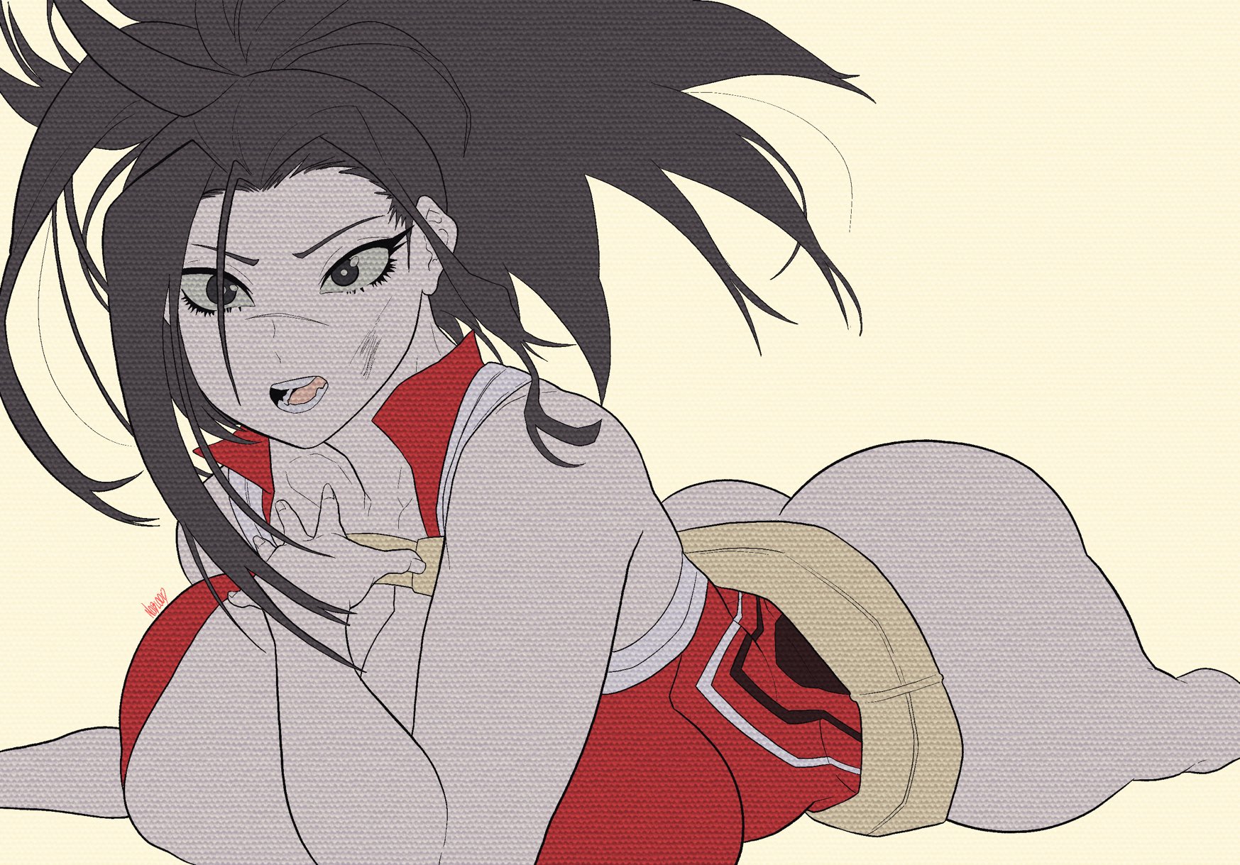 1girls, ass, ass up, bare ass, big ass, big breasts, big butt, black hair, breasts, female, female focus, female only, messy hair, momo yaoyorozu, momo yaoyorozu (hero outfit), my hero academia, noblood, noblood (ryandomonica), ponytail, ryandomonica, solo, yaoyorozu momo