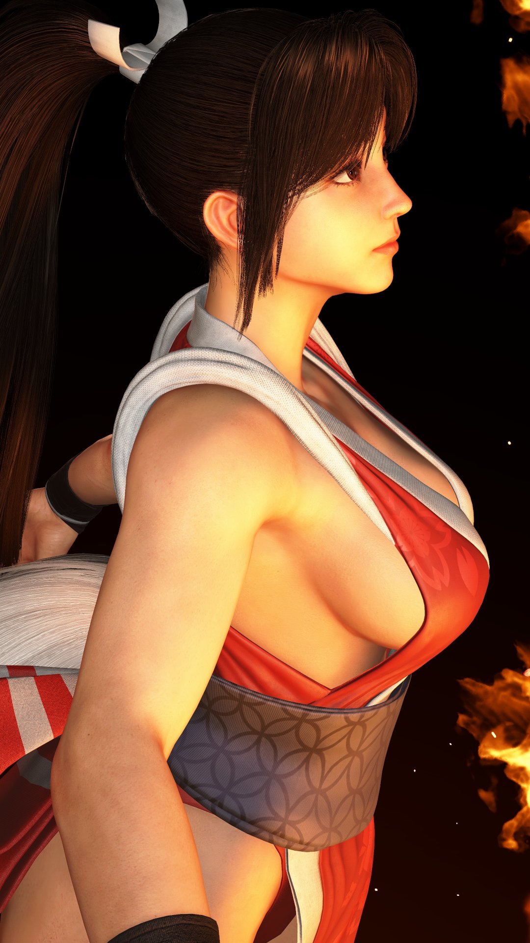 asian_clothing bare_legs big_breasts brown_hair cleavage costume fatal_fury gameplay gameplay_screenshot hair_ribbon ingame_model long_hair mai_shiranui ninja sf_screenshot side_view sideboob skirt sleeveless street_fighter street_fighter_6 tagme thick_thighs tied_hair traditional_clothes